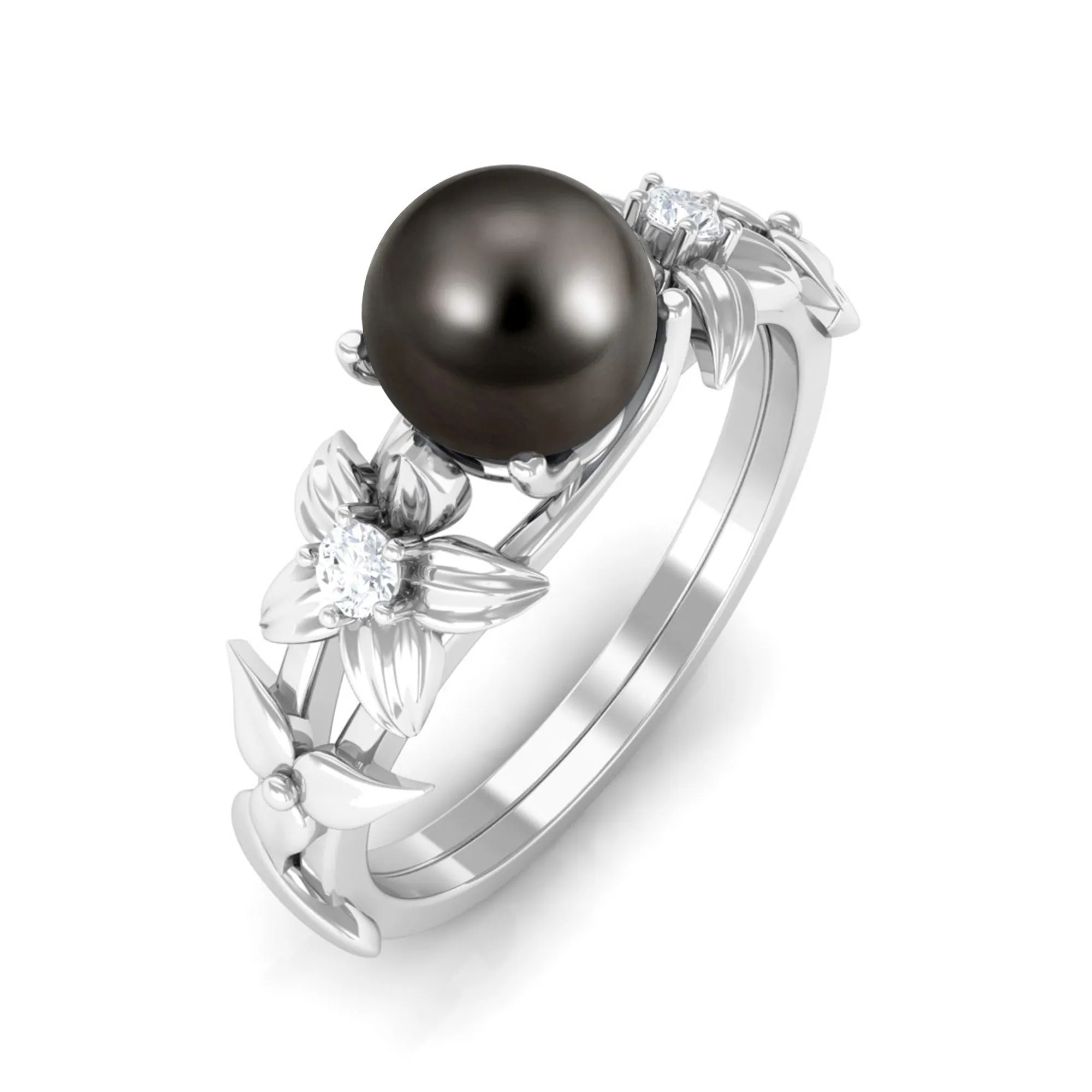 2.50 CT Black Tahitian Pearl Flower Engagement Ring with Diamond