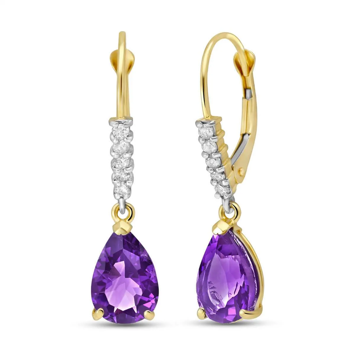 3.15 Carat 14K Solid Yellow Gold Leverback Earrings Natural Diamond Amethyst