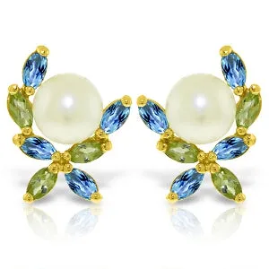 3.25 Carat 14K Solid Yellow Gold Stud Earrings Peridot, Blue Topaz Pearl