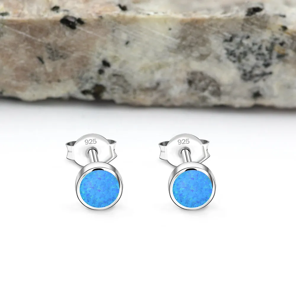 5mm | Round Synthetic Blue Opal Sterling Silver Stud Earrings