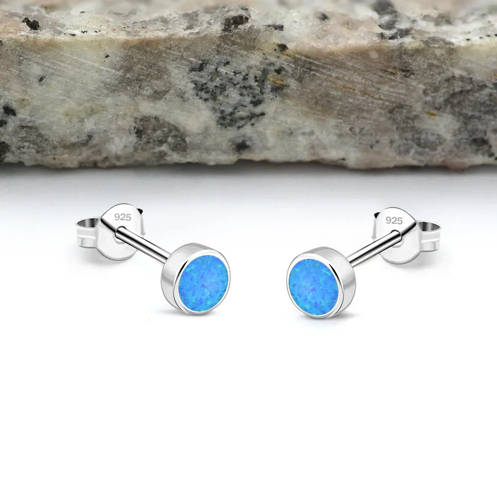 5mm | Round Synthetic Blue Opal Sterling Silver Stud Earrings