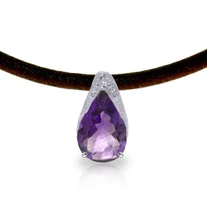 6 Carat 14K Solid White Gold Leather Necklace Purple Amethyst