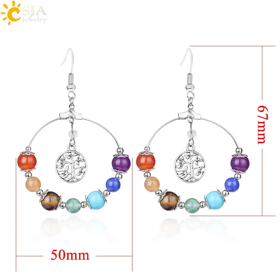 7 Chakra Tree of Life Women Drop Earrings Natural Round Gem Stone