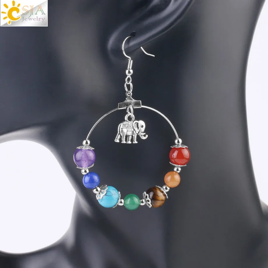 7 Chakra Tree of Life Women Drop Earrings Natural Round Gem Stone