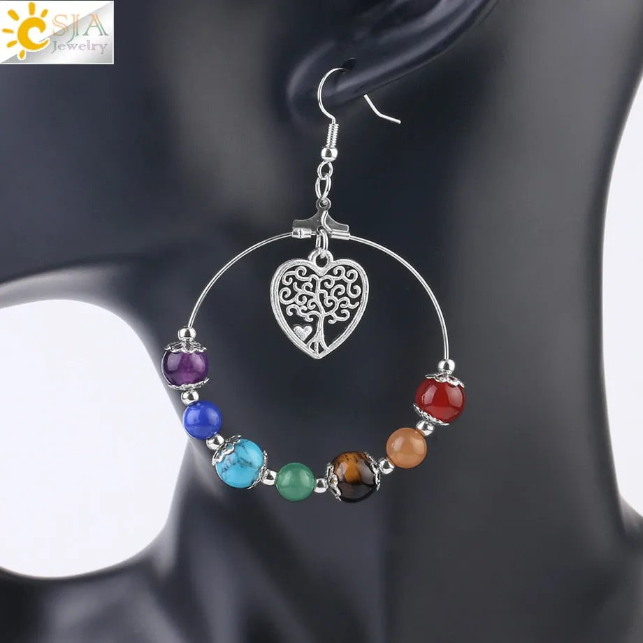 7 Chakra Tree of Life Women Drop Earrings Natural Round Gem Stone