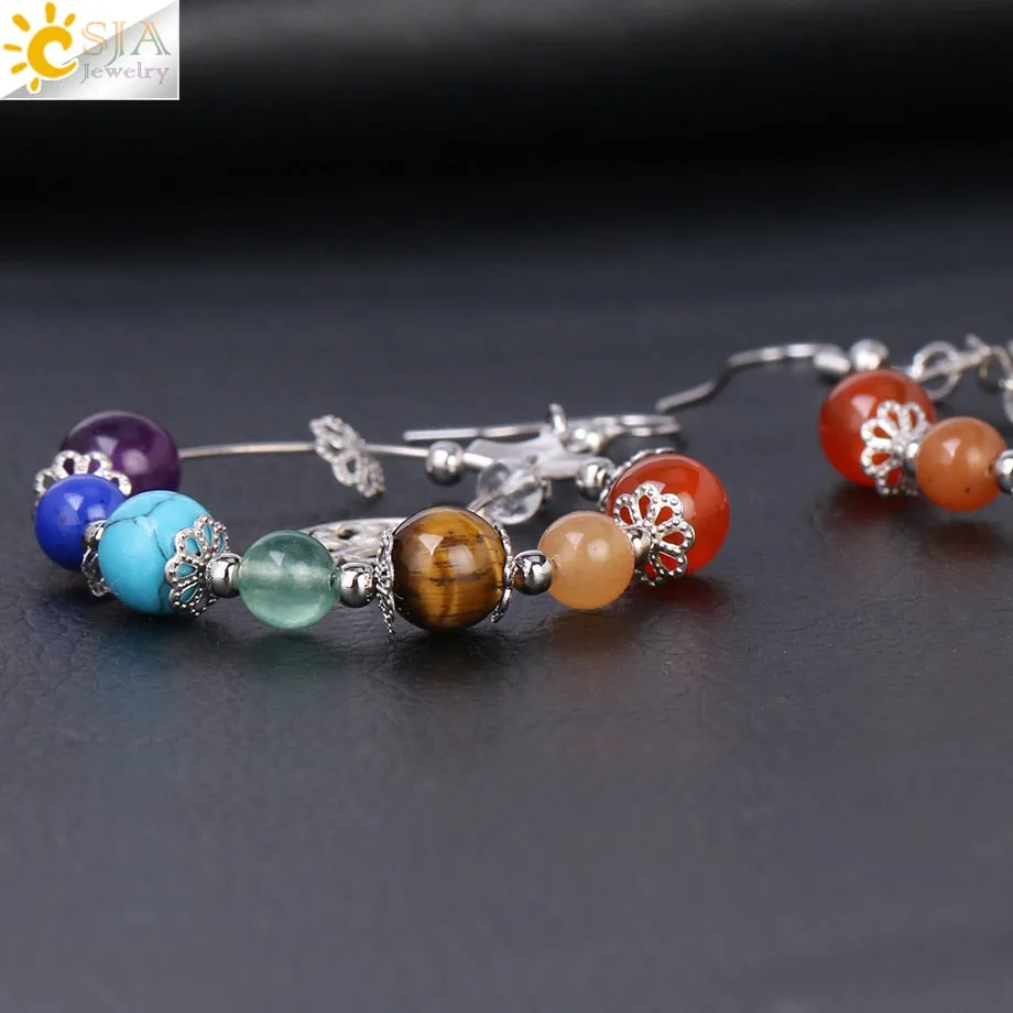 7 Chakra Tree of Life Women Drop Earrings Natural Round Gem Stone