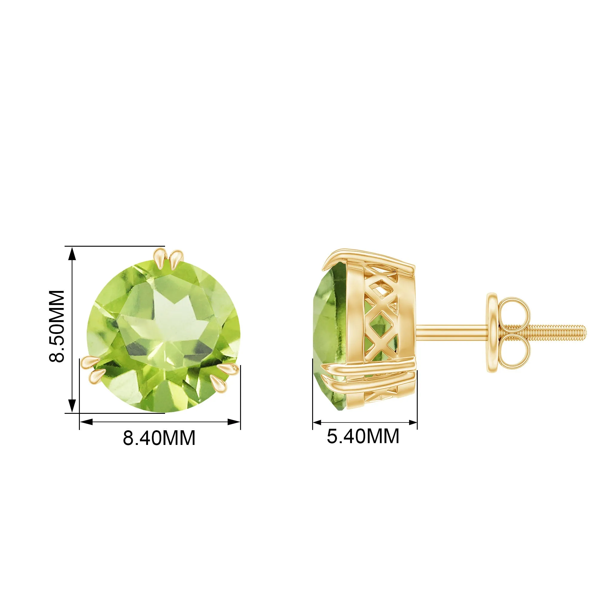 8 MM Peridot Solitaire Stud Earrings in Double Prong Setting