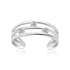 925 Silver Rhodium Plate Triple Line Open Motif Zirconia Toe Ring