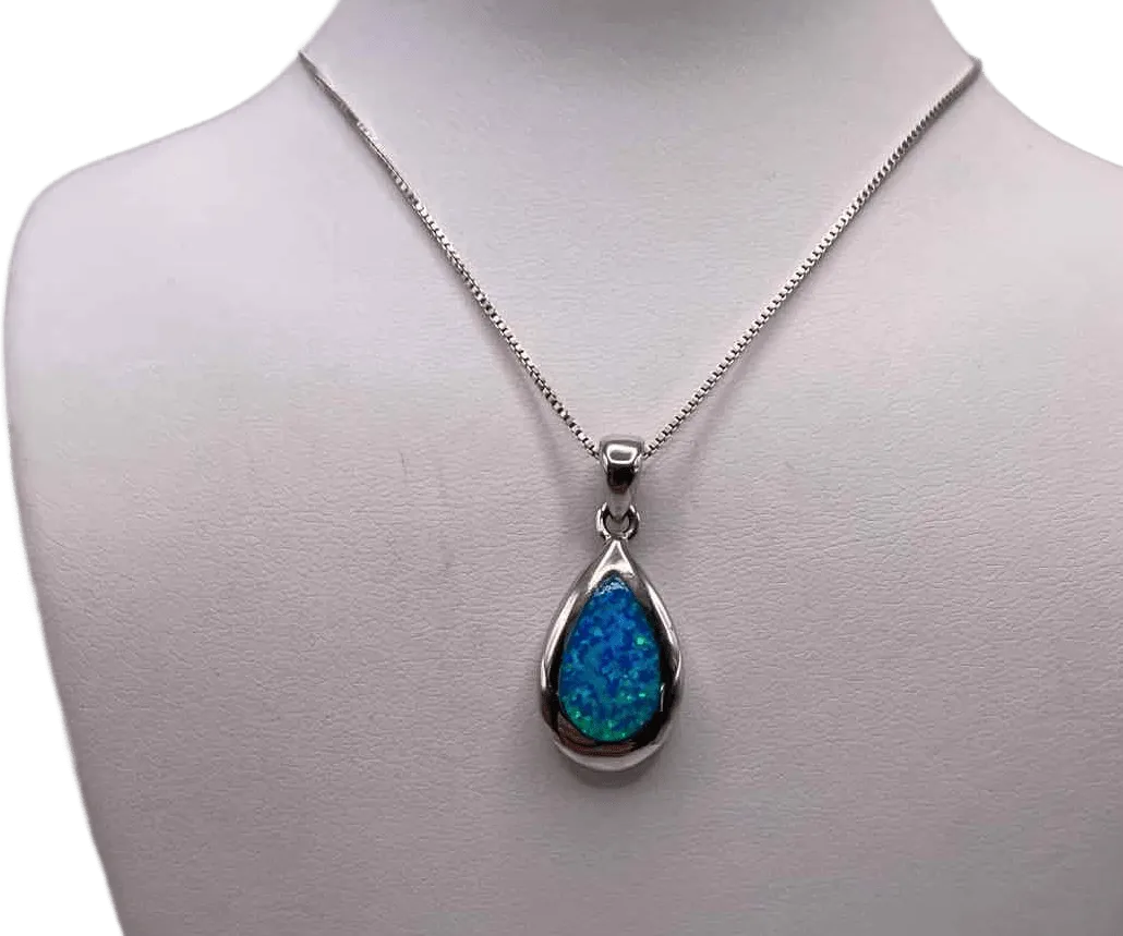 925 Sterling Silver Teardrop Opal Necklace - 18 Inch - Womens Jewelry