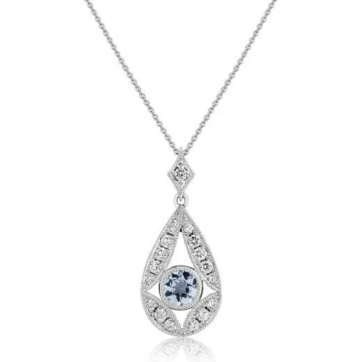 9ct White Gold Earth Grown Aquamarine & Diamond Teardrop Pendant Necklace