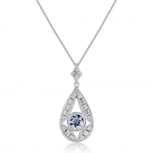 9ct White Gold Earth Grown Aquamarine & Diamond Teardrop Pendant Necklace