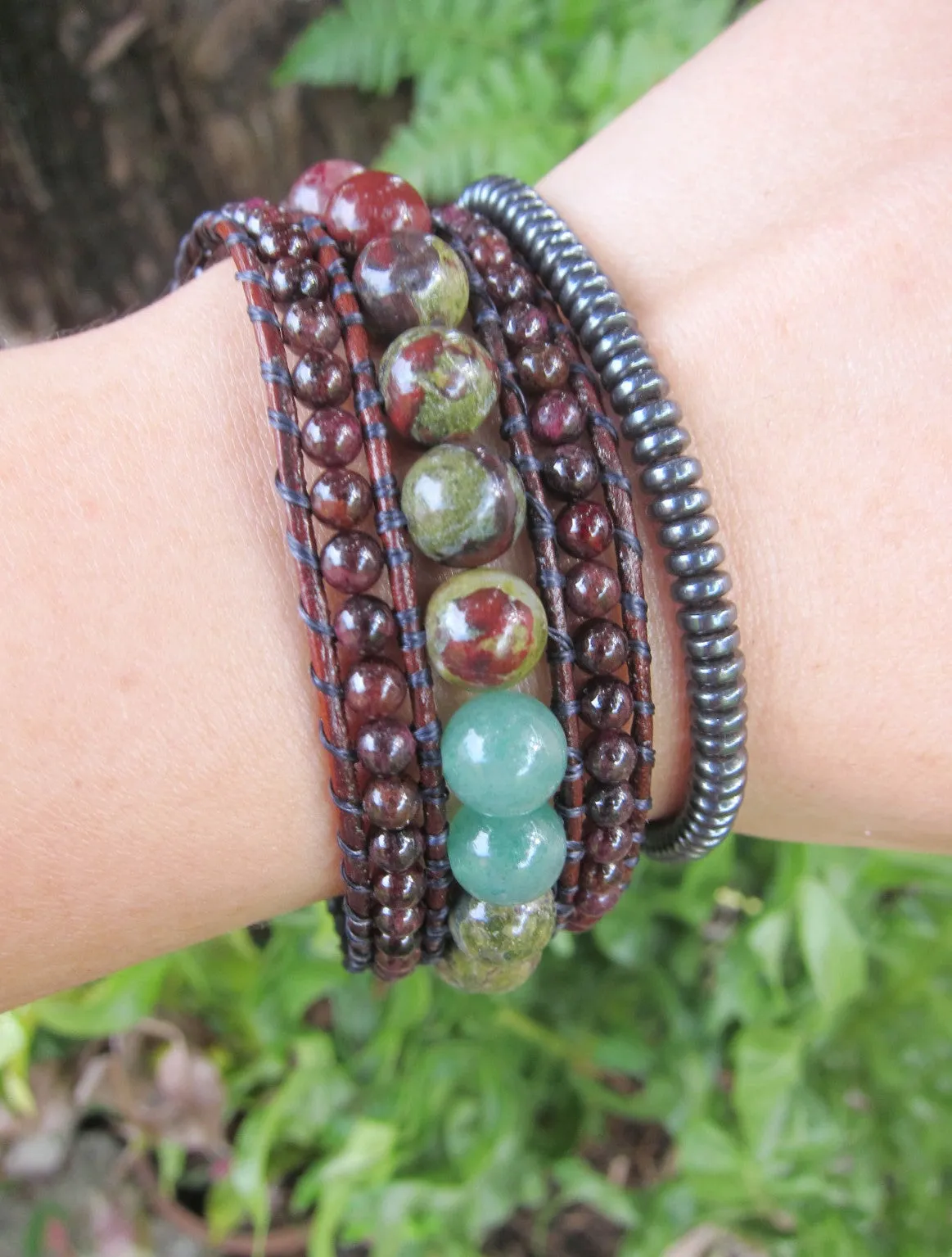 African Bloodstone, Red Garnet, Strawberry Quartz, Aventurine in 3 Row Cuff Bracelet