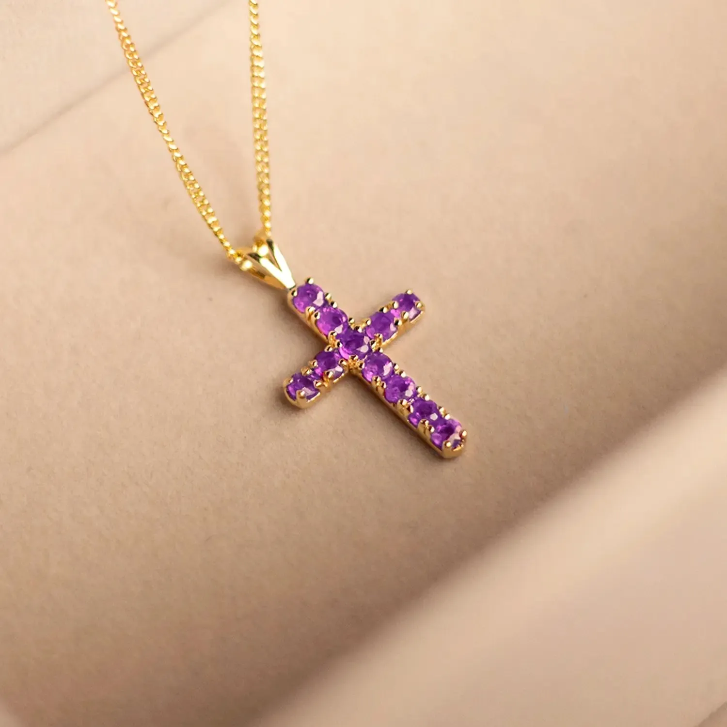 Amethyst Cross Necklace in Solid Gold