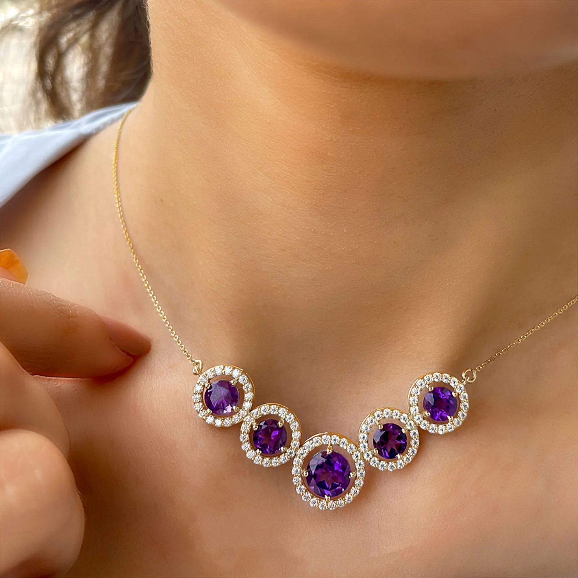 Amethyst Five Stone and Moissanite Halo Necklace in Gold