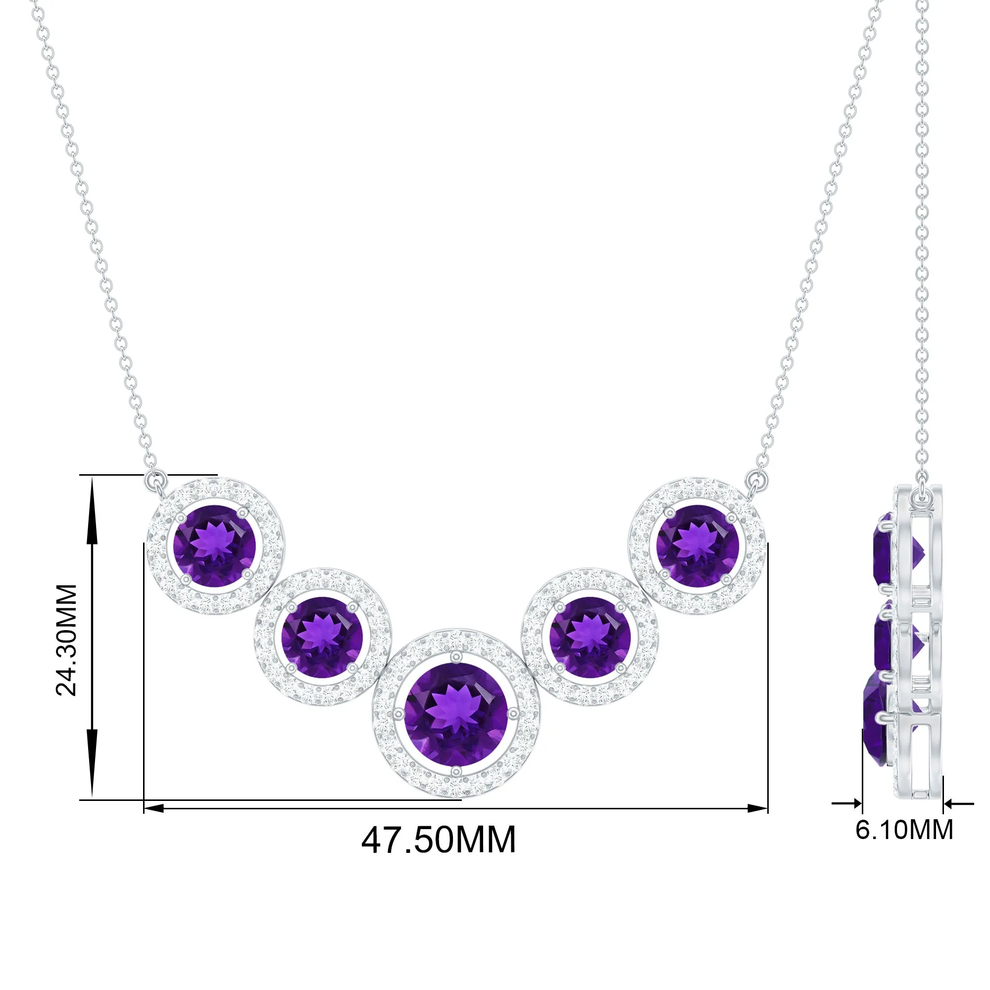 Amethyst Five Stone and Moissanite Halo Necklace in Gold