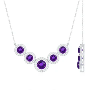 Amethyst Five Stone and Moissanite Halo Necklace in Gold