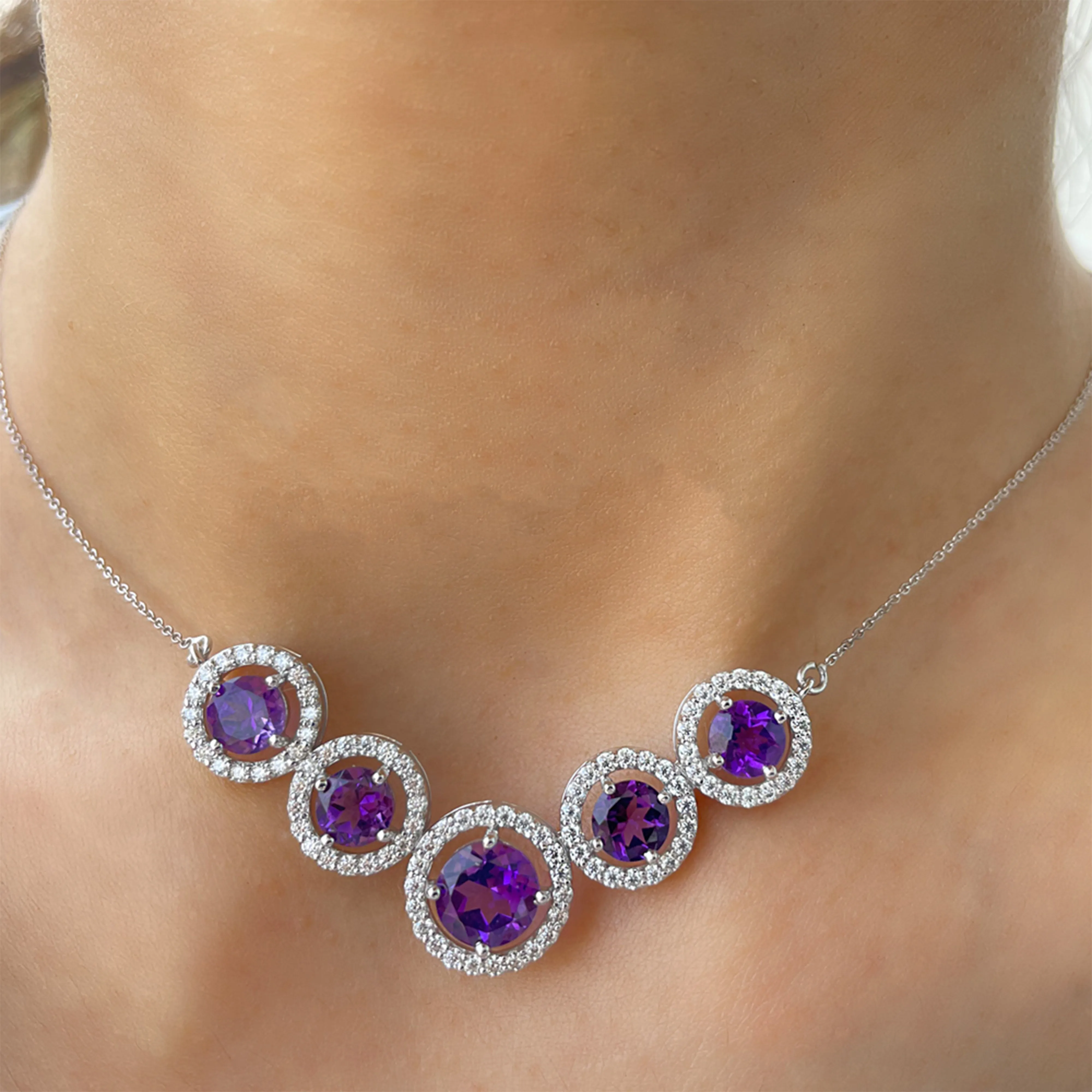 Amethyst Five Stone and Moissanite Halo Necklace in Gold