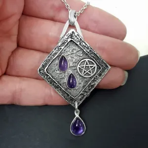 Amethyst Teardrop Pentacle Necklace, Solid Silver Pentagram Pendant - Handmade