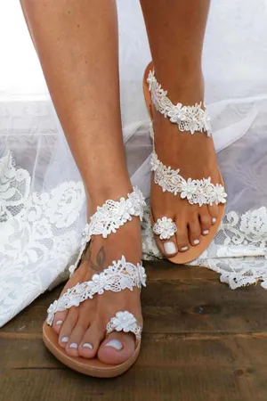 Amozae-Toe Ring Lace Flower Pearl Sandals