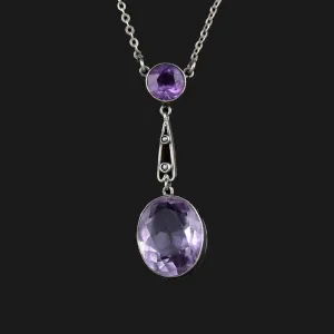 Antique Art Nouveau Silver Seed Pearl Amethyst Drop Necklace