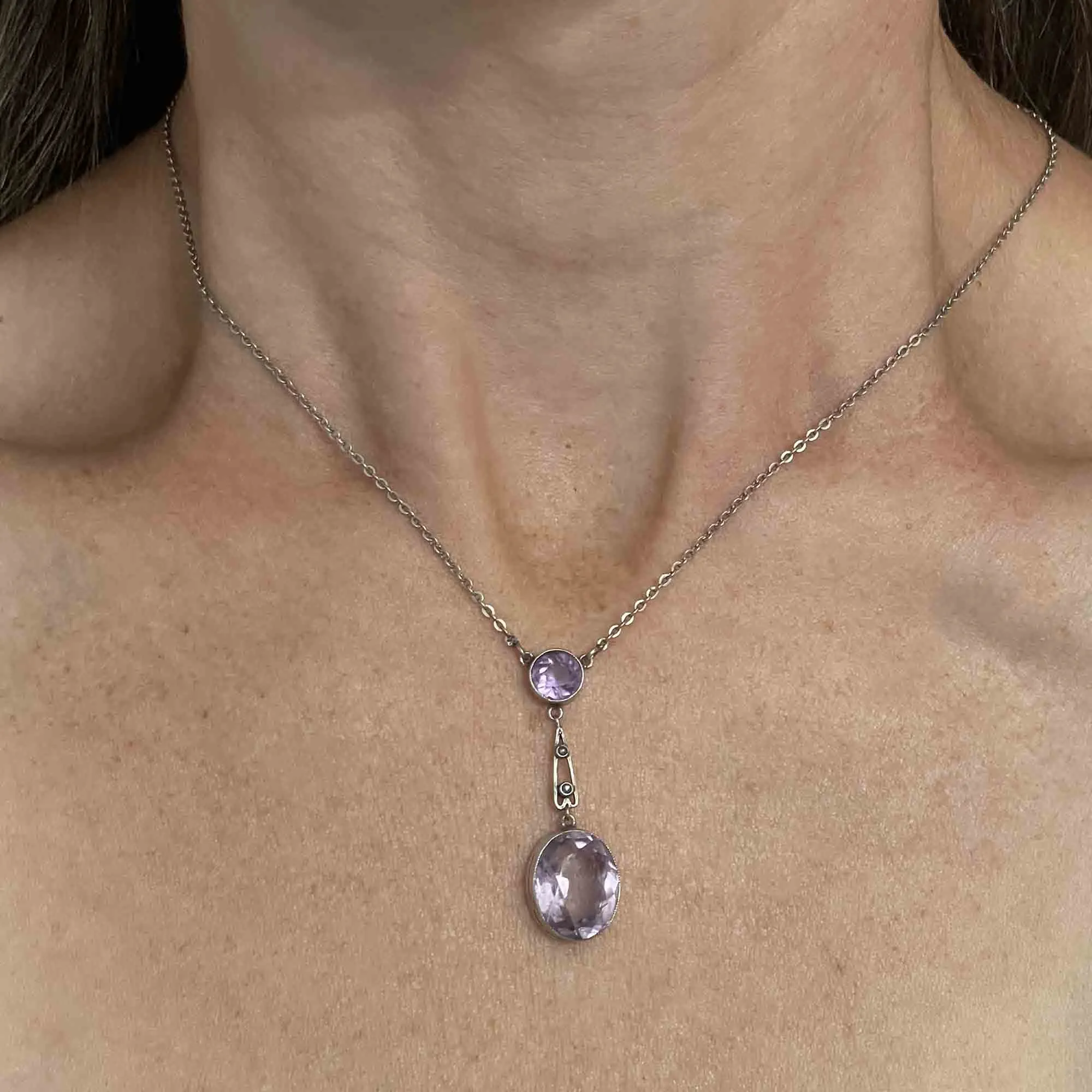 Antique Art Nouveau Silver Seed Pearl Amethyst Drop Necklace