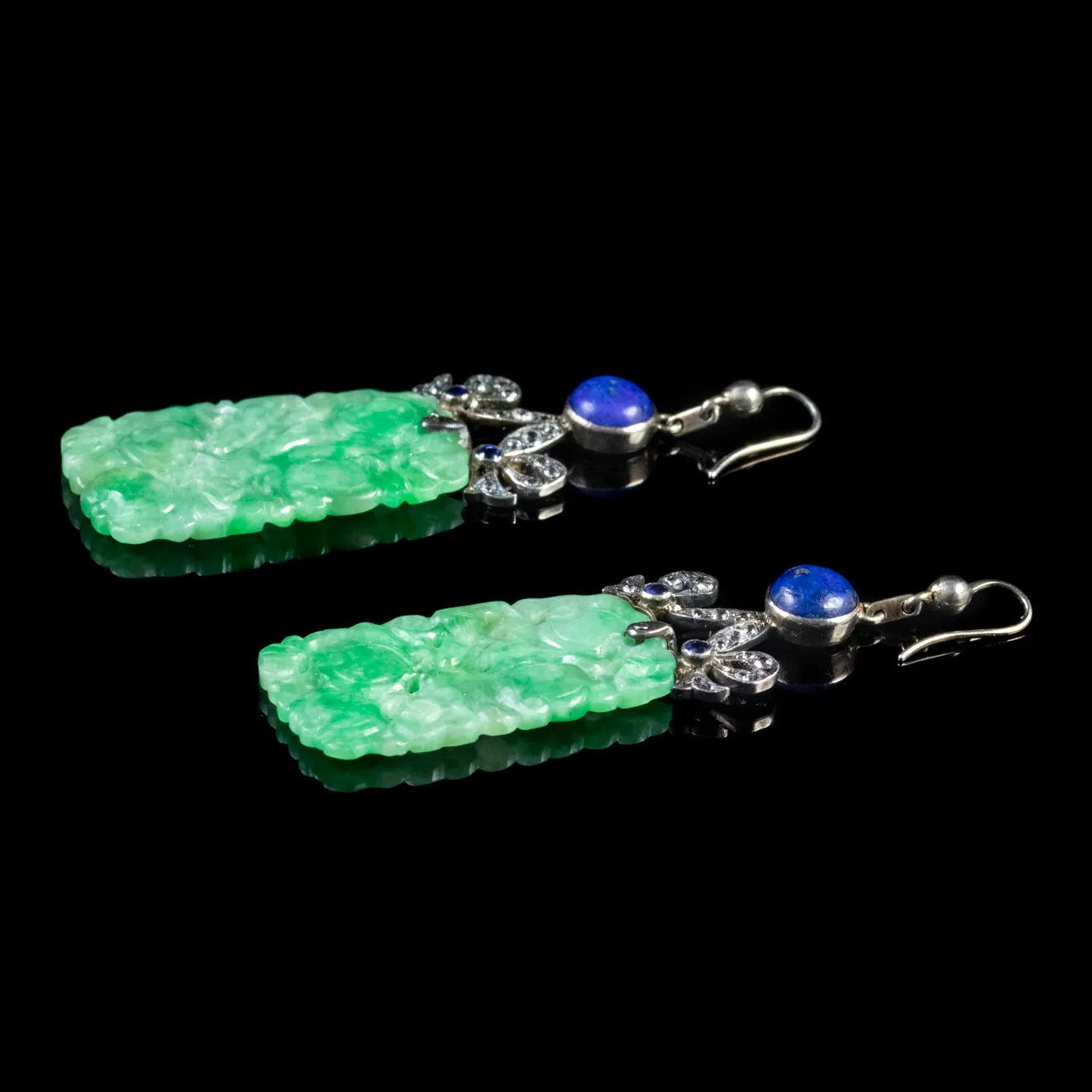 Antique Edwardian Jade Drop Earrings Sapphire Lapiz Lazuli 18Ct Gold Circa 1915