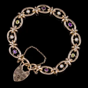 Antique Edwardian Suffragette Bracelet 9Ct Gold Heart Padlock Dated 1903