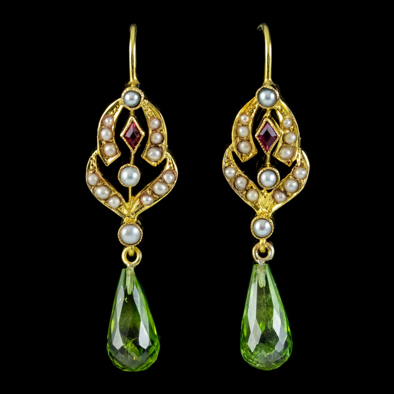 Antique Edwardian Suffragette Drop Earrings Garnet Pearl Peridot 18ct Gold Circa 1910