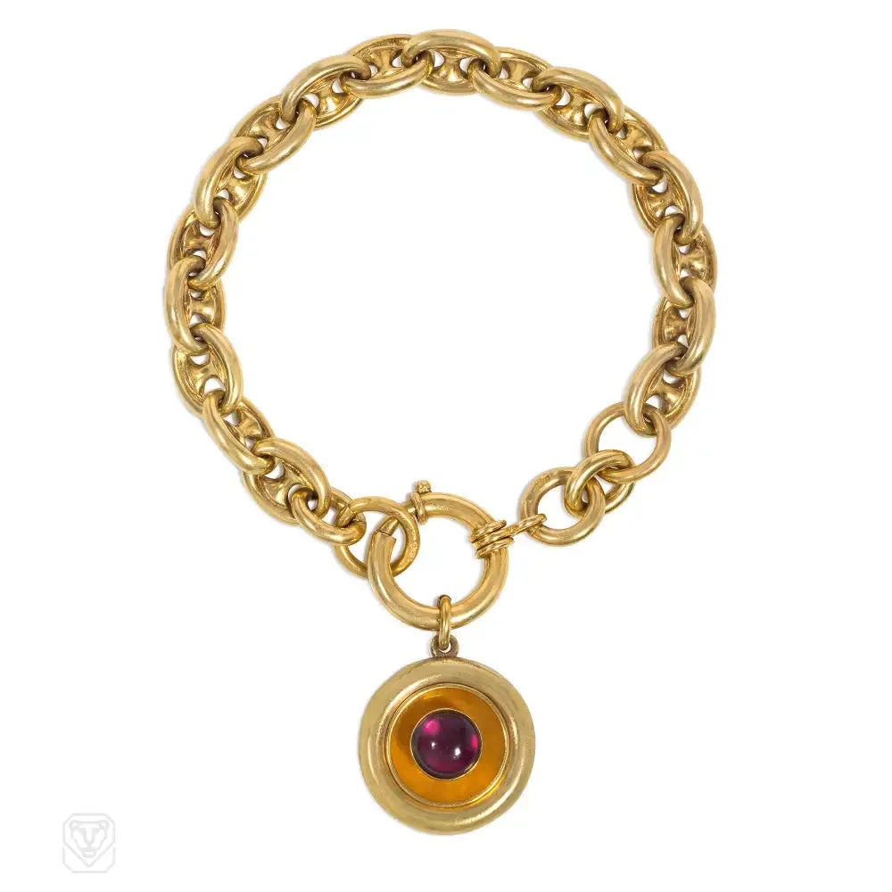 Antique gold mariner link bracelet with garnet charm