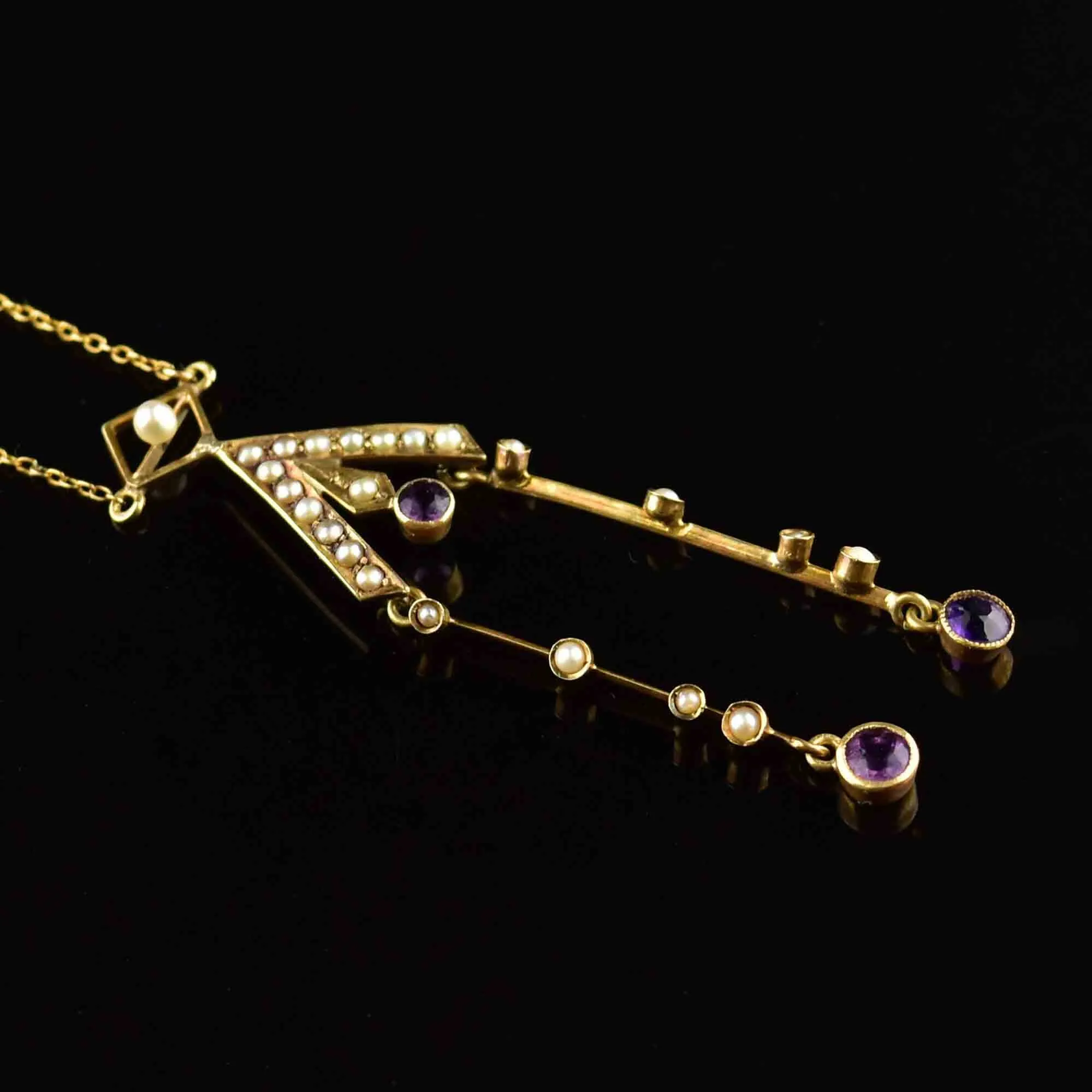 Antique Victorian 14K Gold Amethyst Seed Pearl Lavaliere Necklace