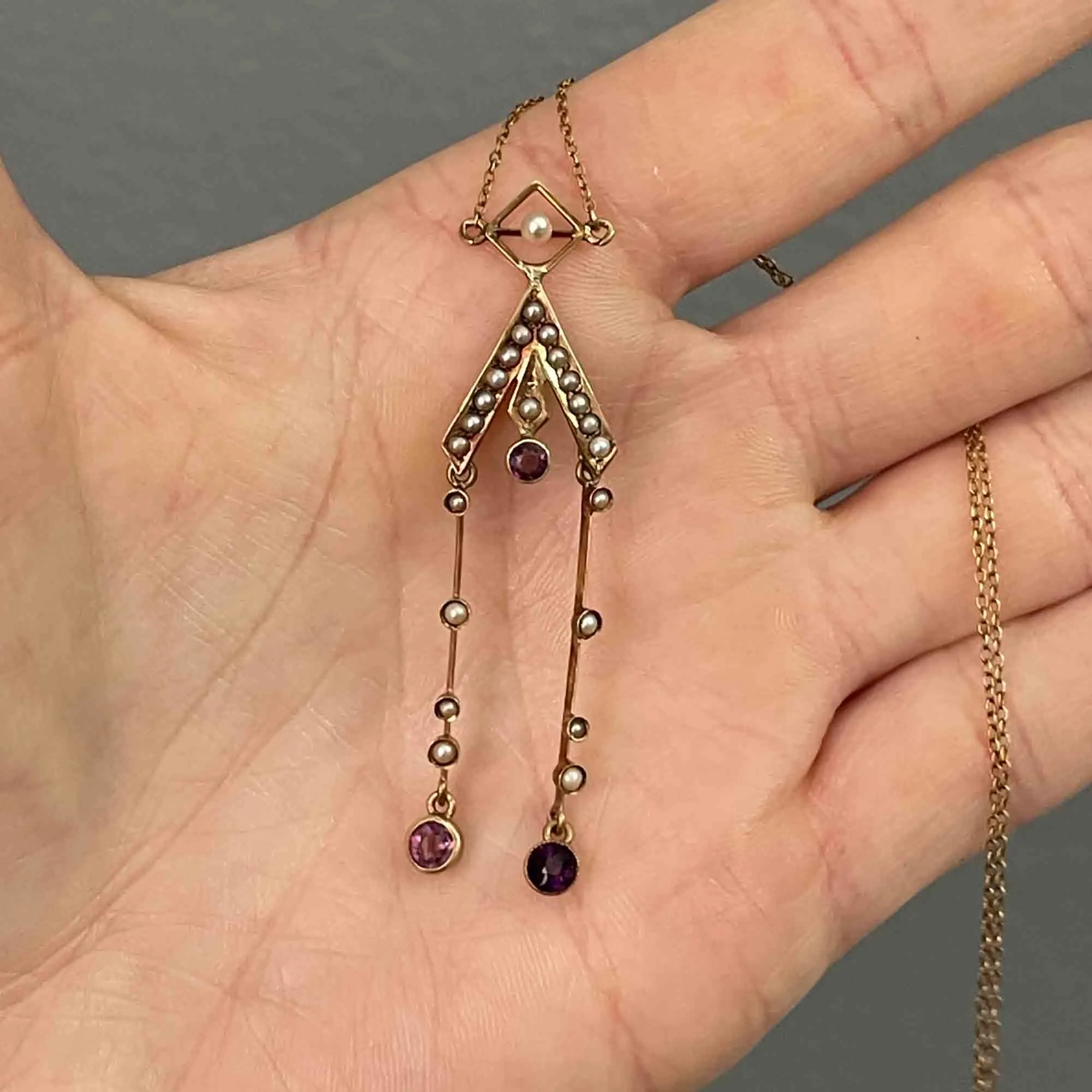 Antique Victorian 14K Gold Amethyst Seed Pearl Lavaliere Necklace