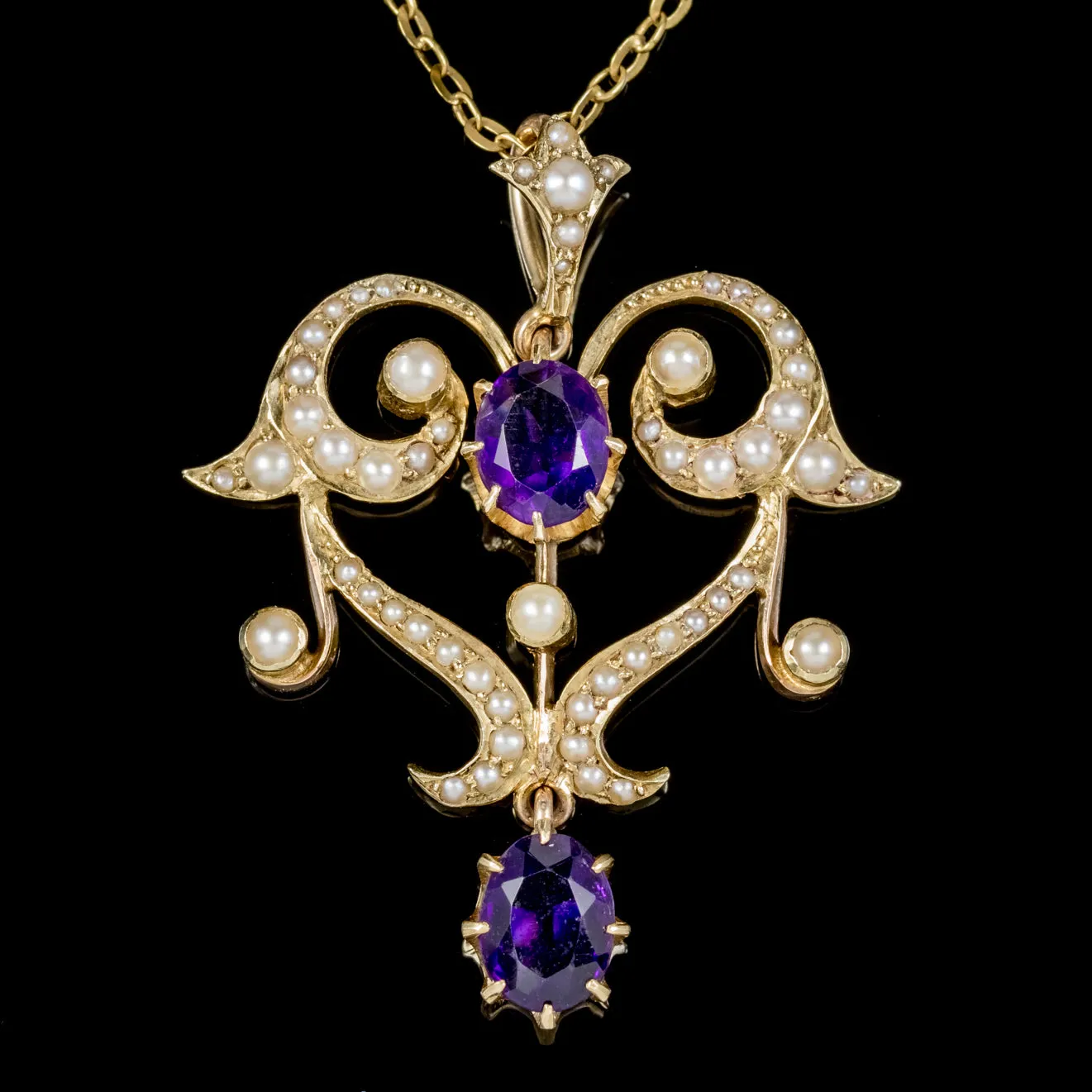 Antique Victorian Amethyst Pearl Pendant Necklace 9Ct Gold Circa 1880