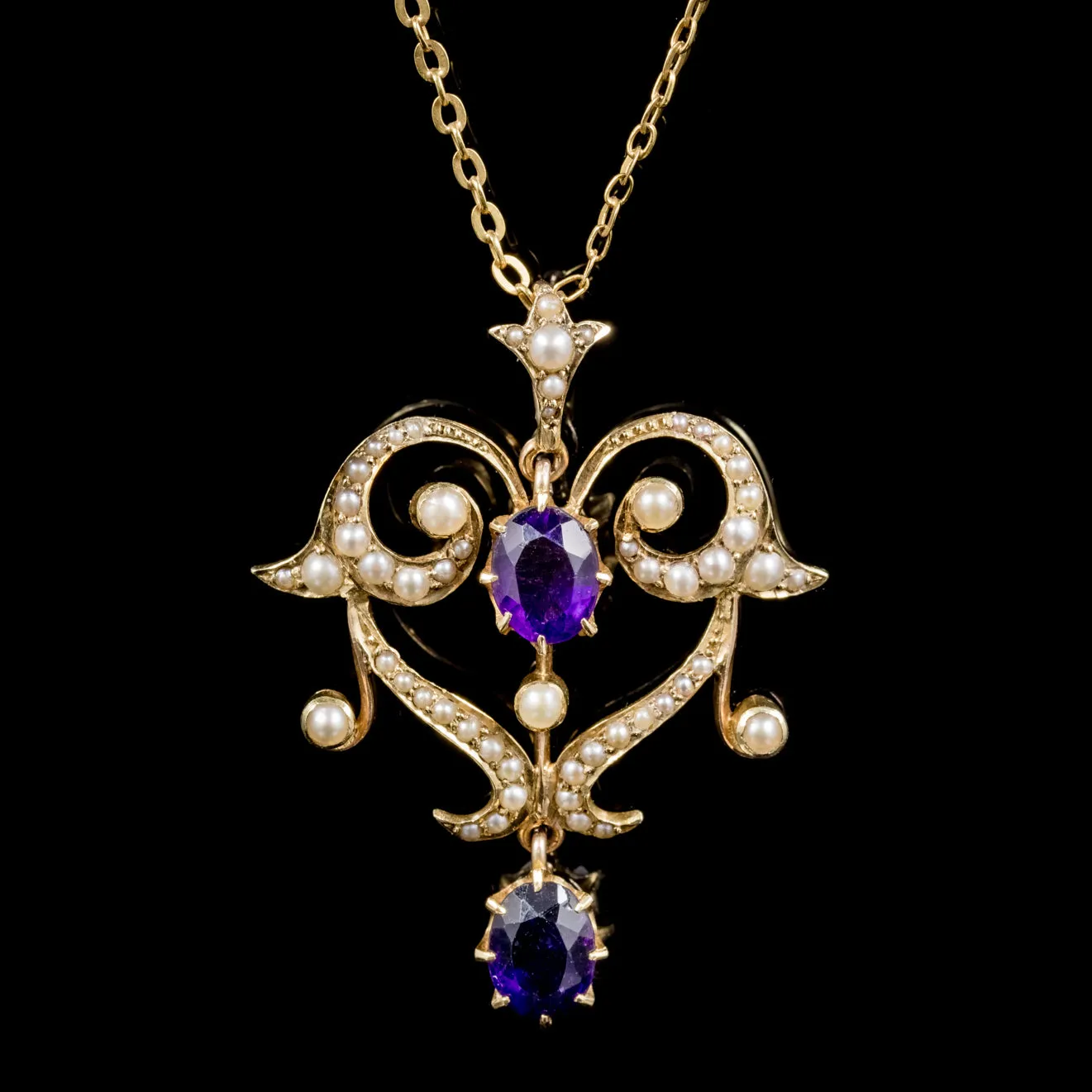 Antique Victorian Amethyst Pearl Pendant Necklace 9Ct Gold Circa 1880