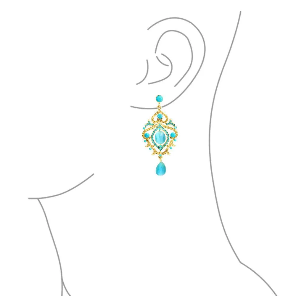 Aqua Blue Cat Eye Crystal Statement Chandelier Earring Gold Plated