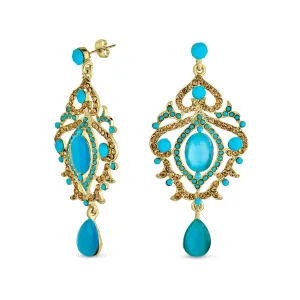 Aqua Blue Cat Eye Crystal Statement Chandelier Earring Gold Plated