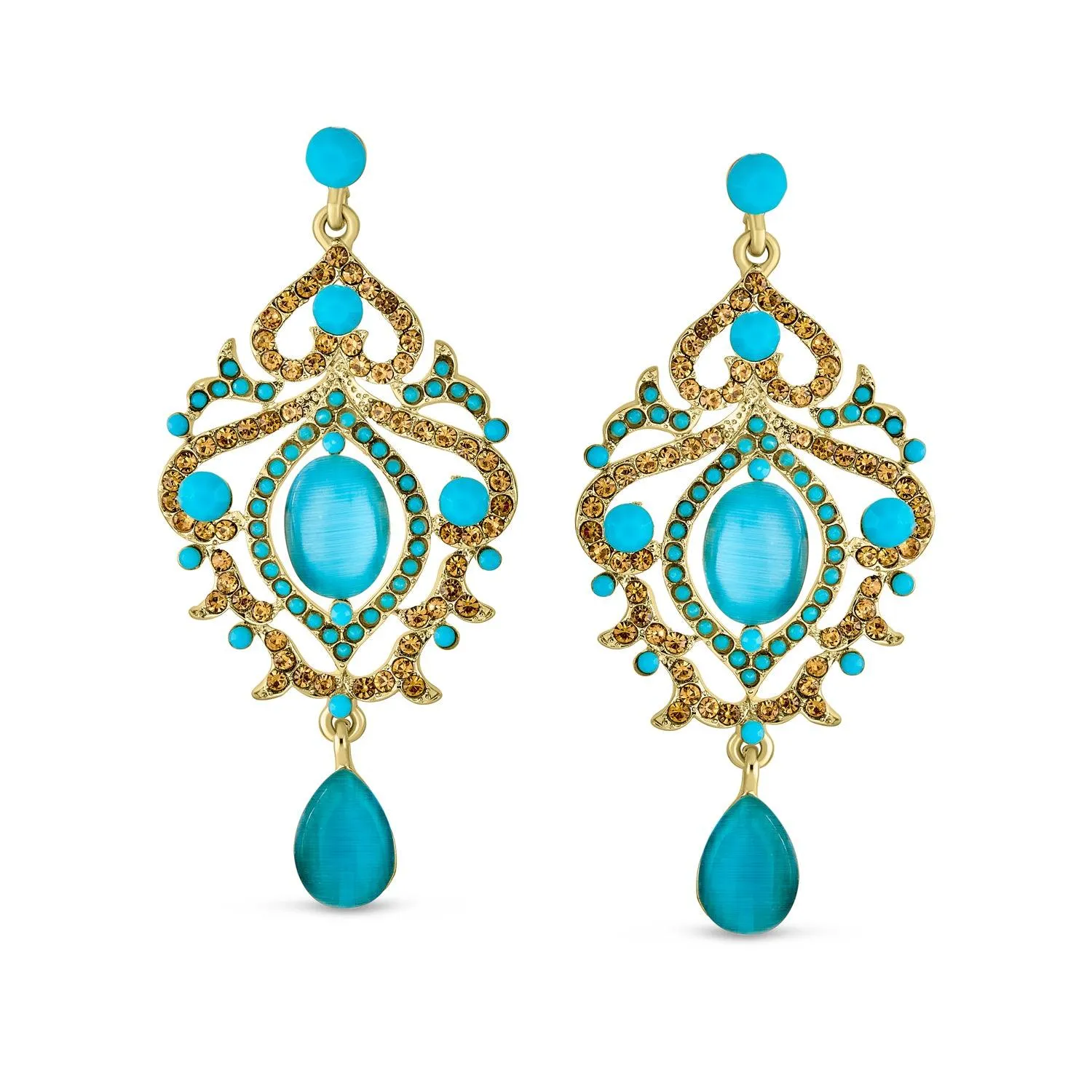 Aqua Blue Cat Eye Crystal Statement Chandelier Earring Gold Plated