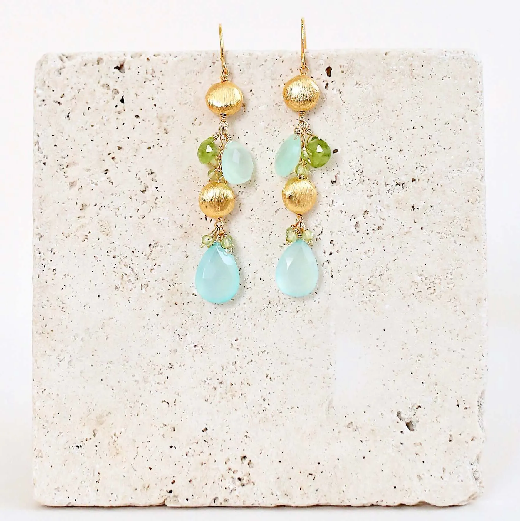 Aqua Chalcedony & Peridot Gold Drop Earrings