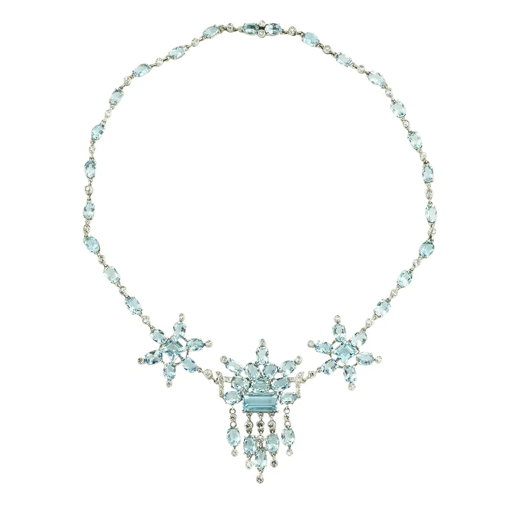 Aquamarine Diamond Platinum Fringe Necklace Circa 1950s