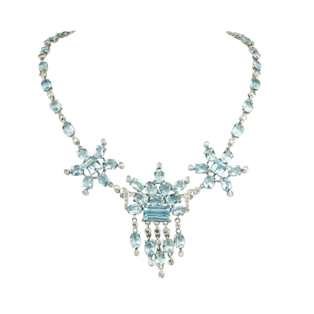 Aquamarine Diamond Platinum Fringe Necklace Circa 1950s