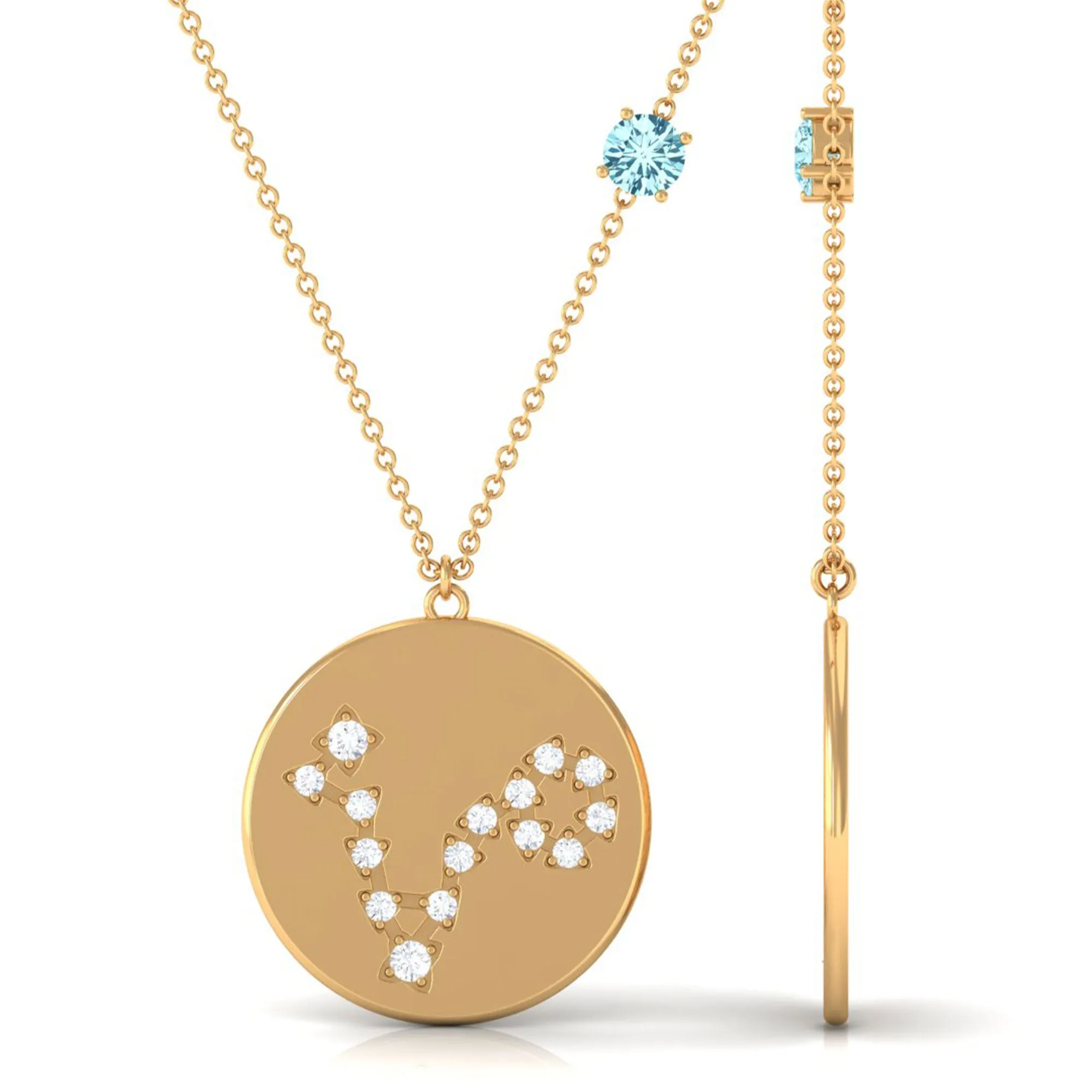 Aquamarine Pisces Constellation Disc Pendant with Diamond