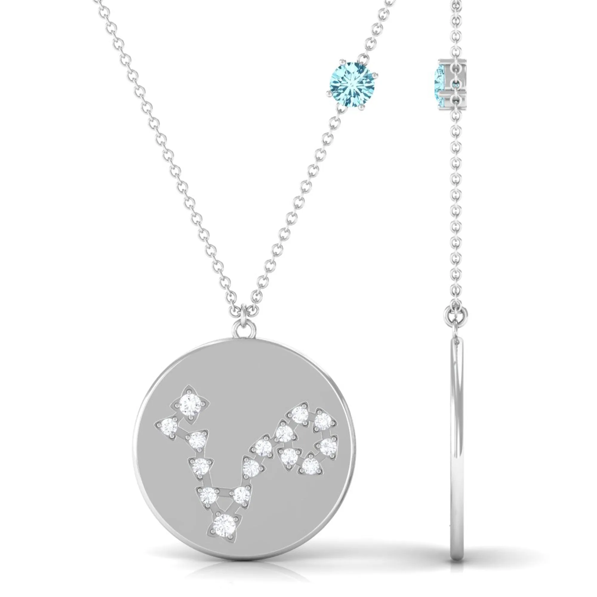 Aquamarine Pisces Constellation Disc Pendant with Diamond