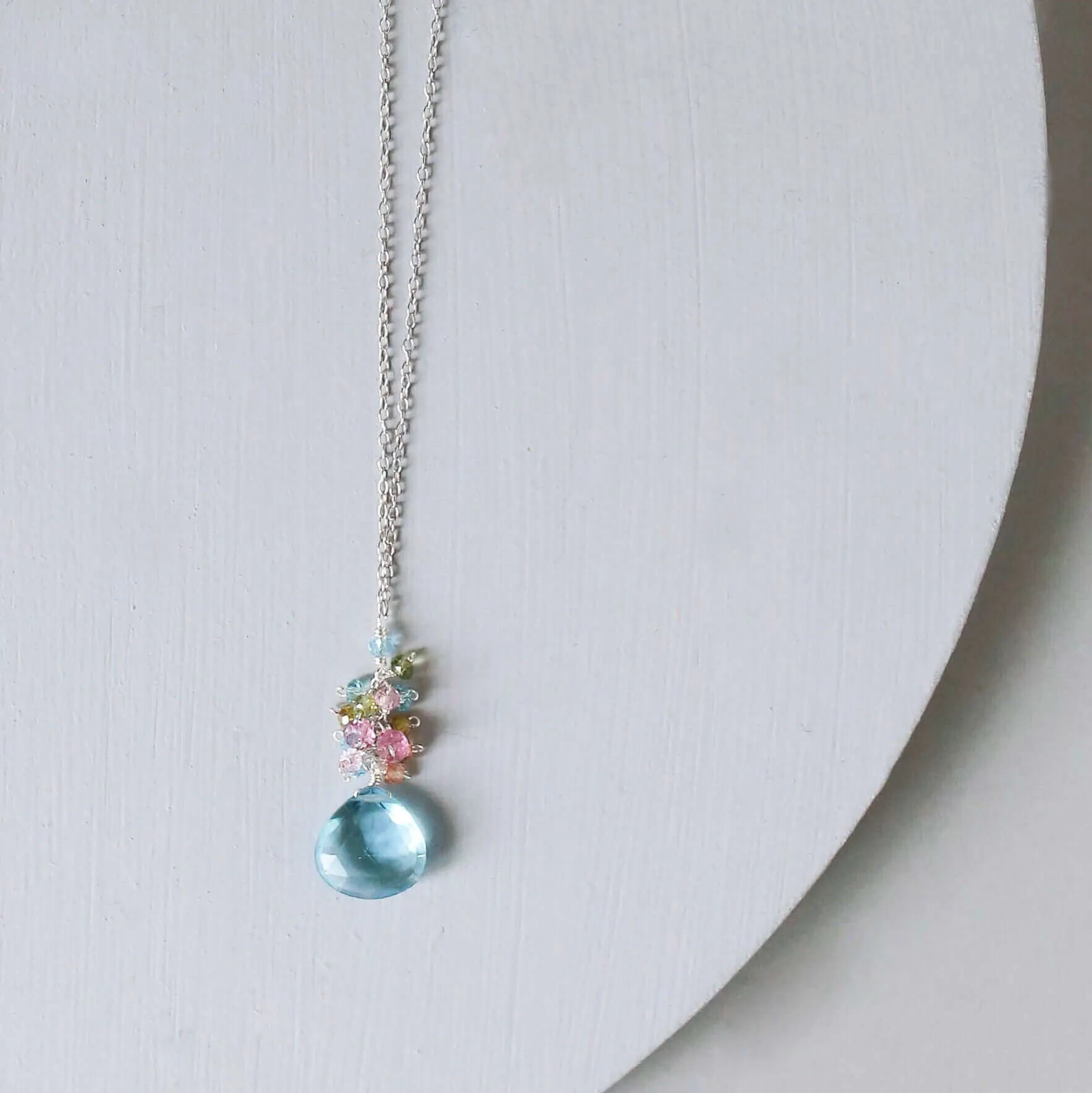 Aquamarine Quartz Silver Raindrop Cluster Necklace