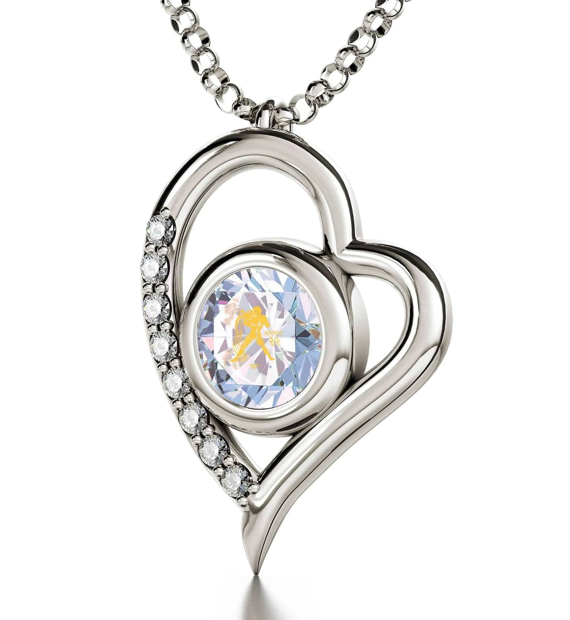 Aquarius Sign, 14k White Gold Diamonds Necklace, Swarovski