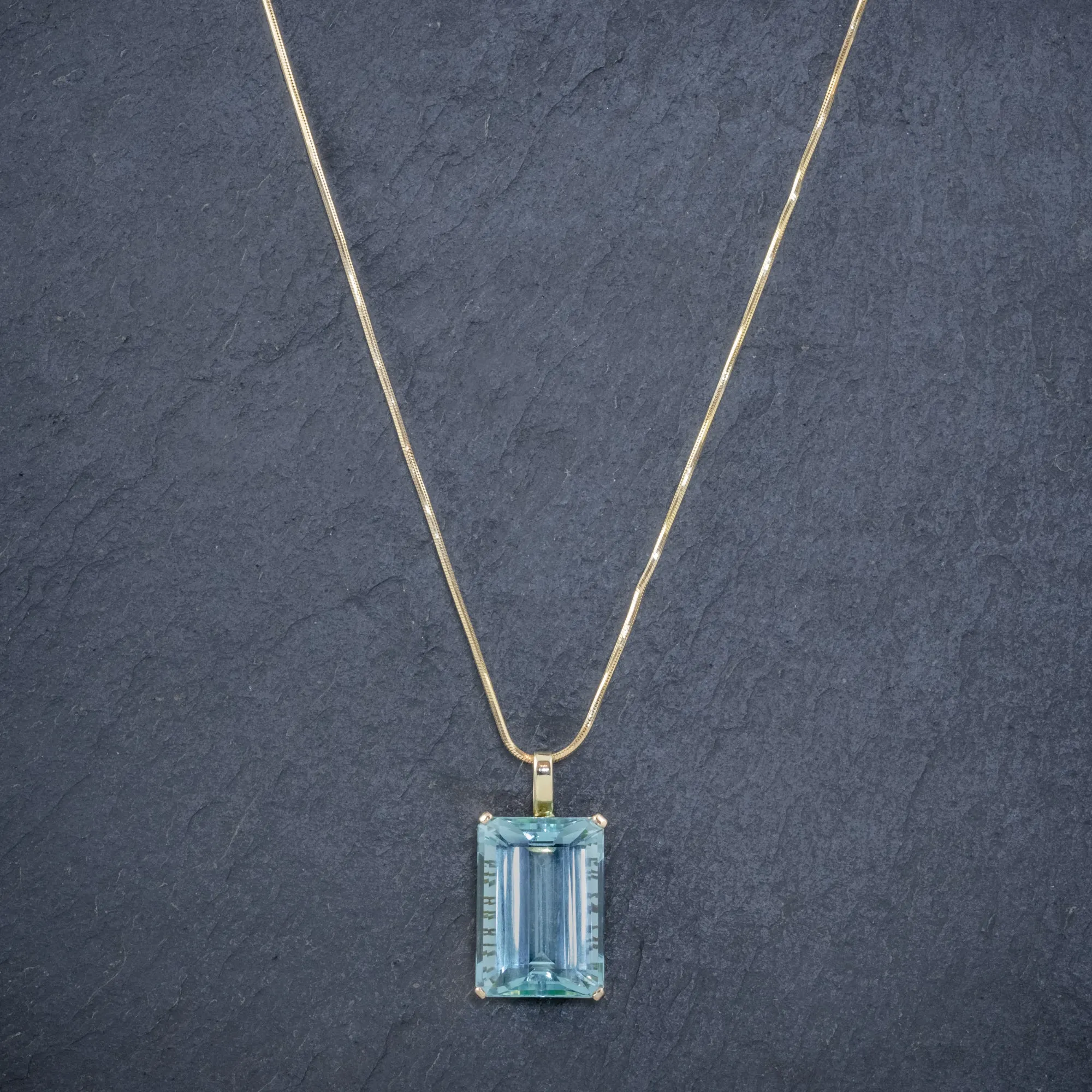 Art Deco Aquamarine Pendant Necklace 30Ct Emerald Cut Aqua 14Ct Gold