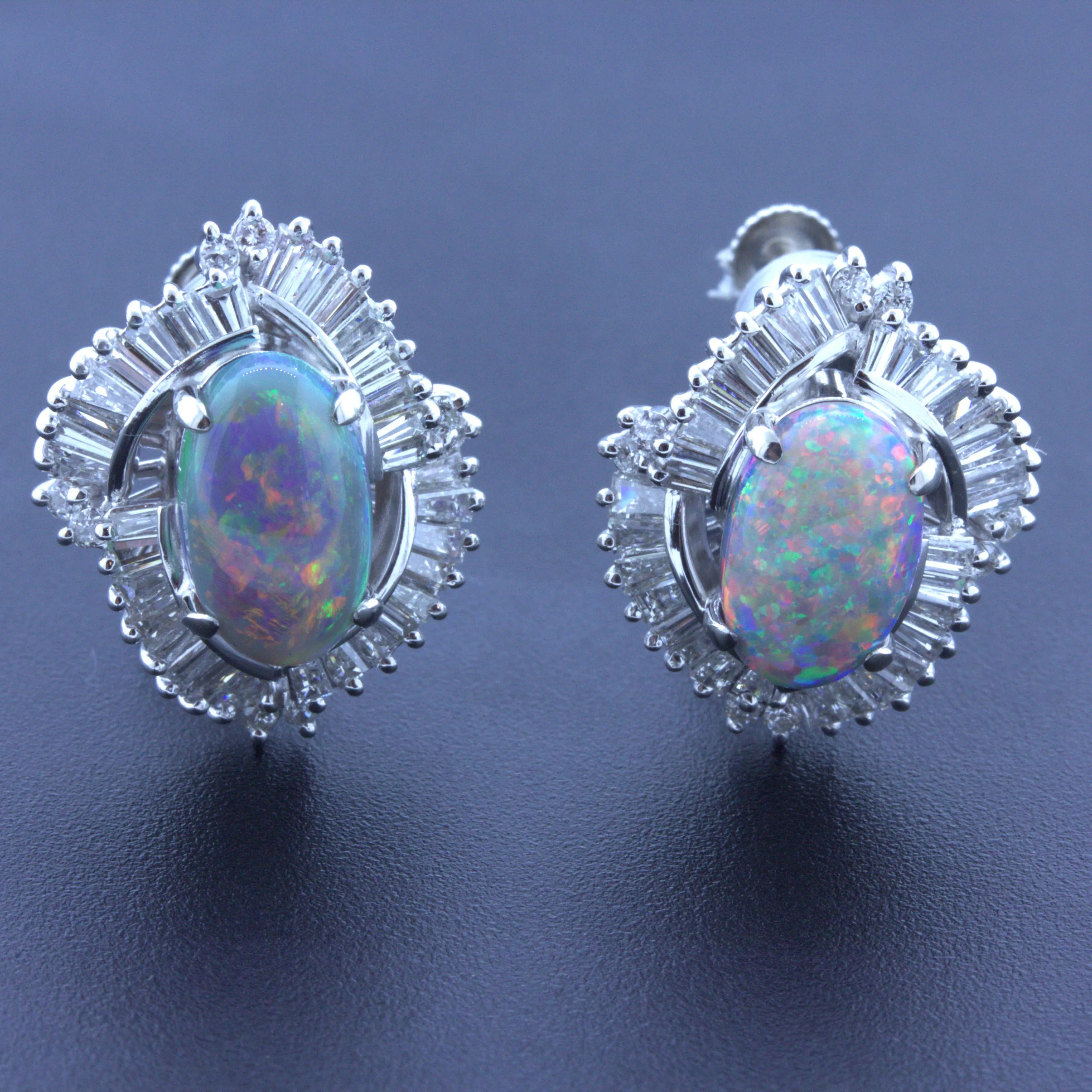 Australian Black Opal Diamond Platinum Earrings