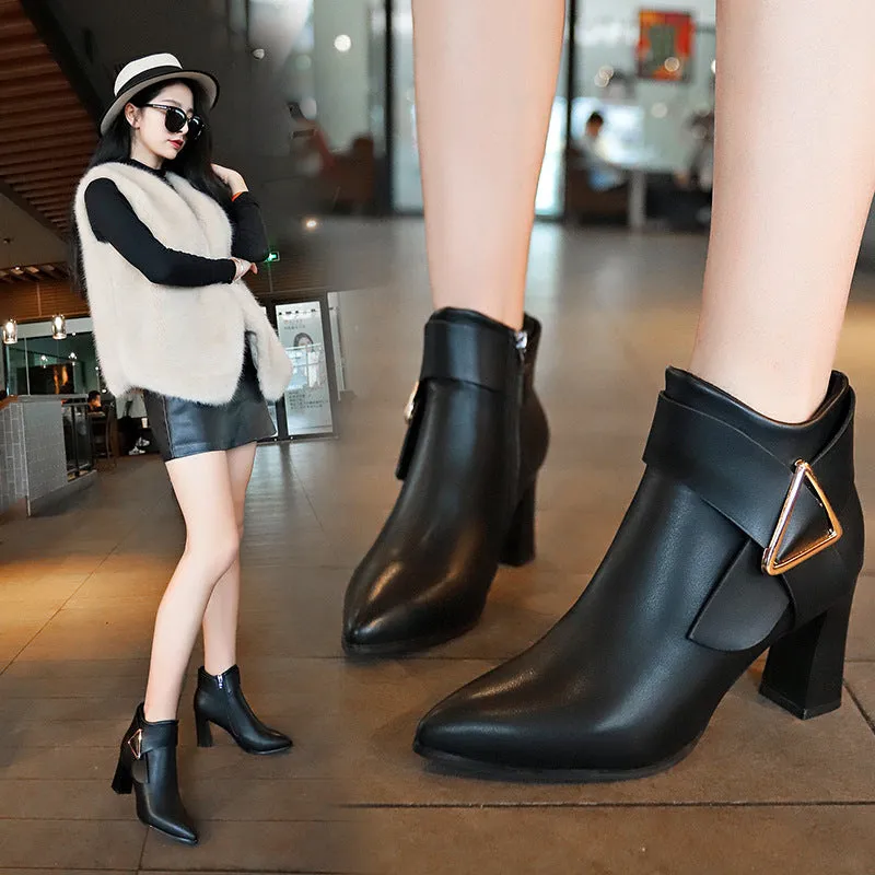 Autumn and Winter New Korean Style Chunky Heel Pointed Toe Foreign Trade in Stock Fashion Casual Side Zipper Slimming Fashion Women's Boots Fashion