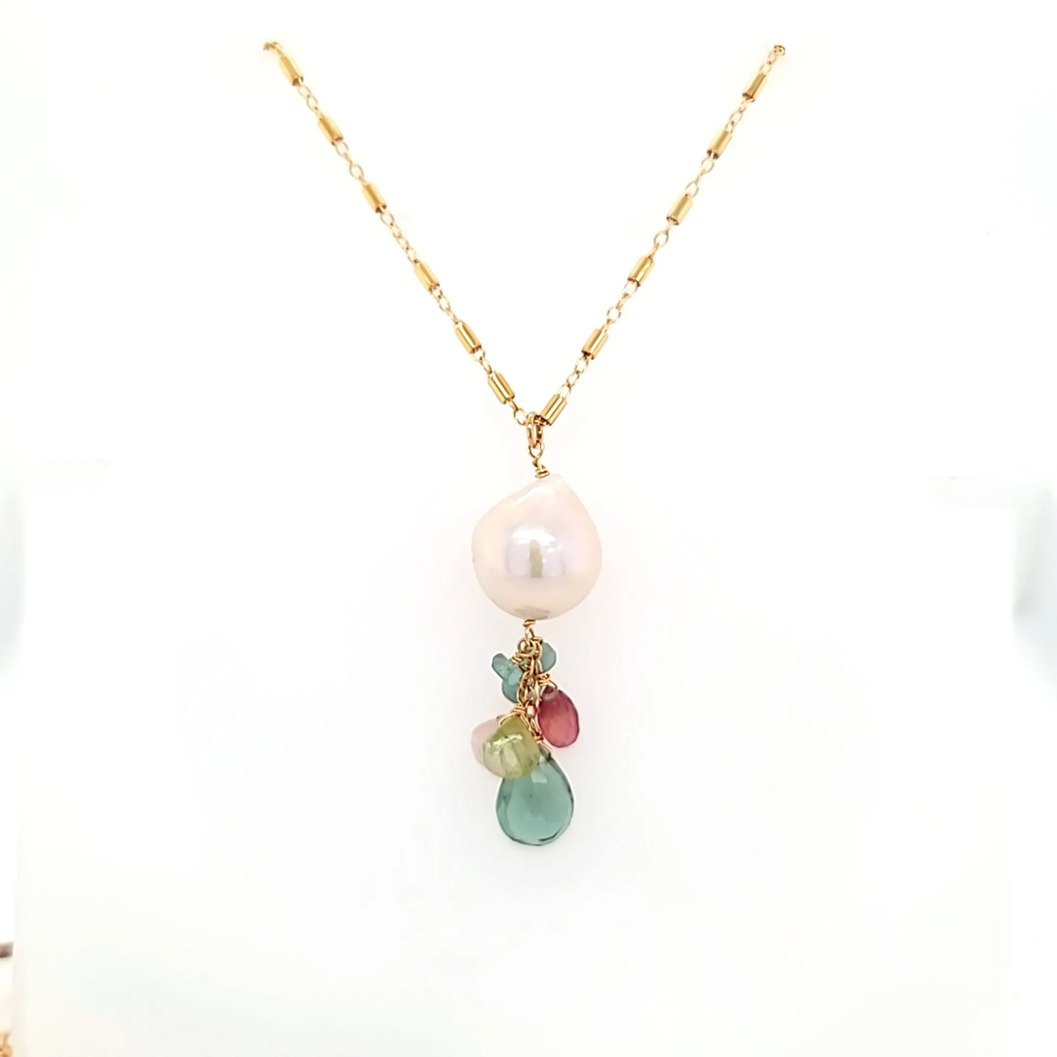 AVF Pearl, Sapphire, Tourmaline, Green Quartz & Grandidierite Cluster Chain Necklace (SI3700)