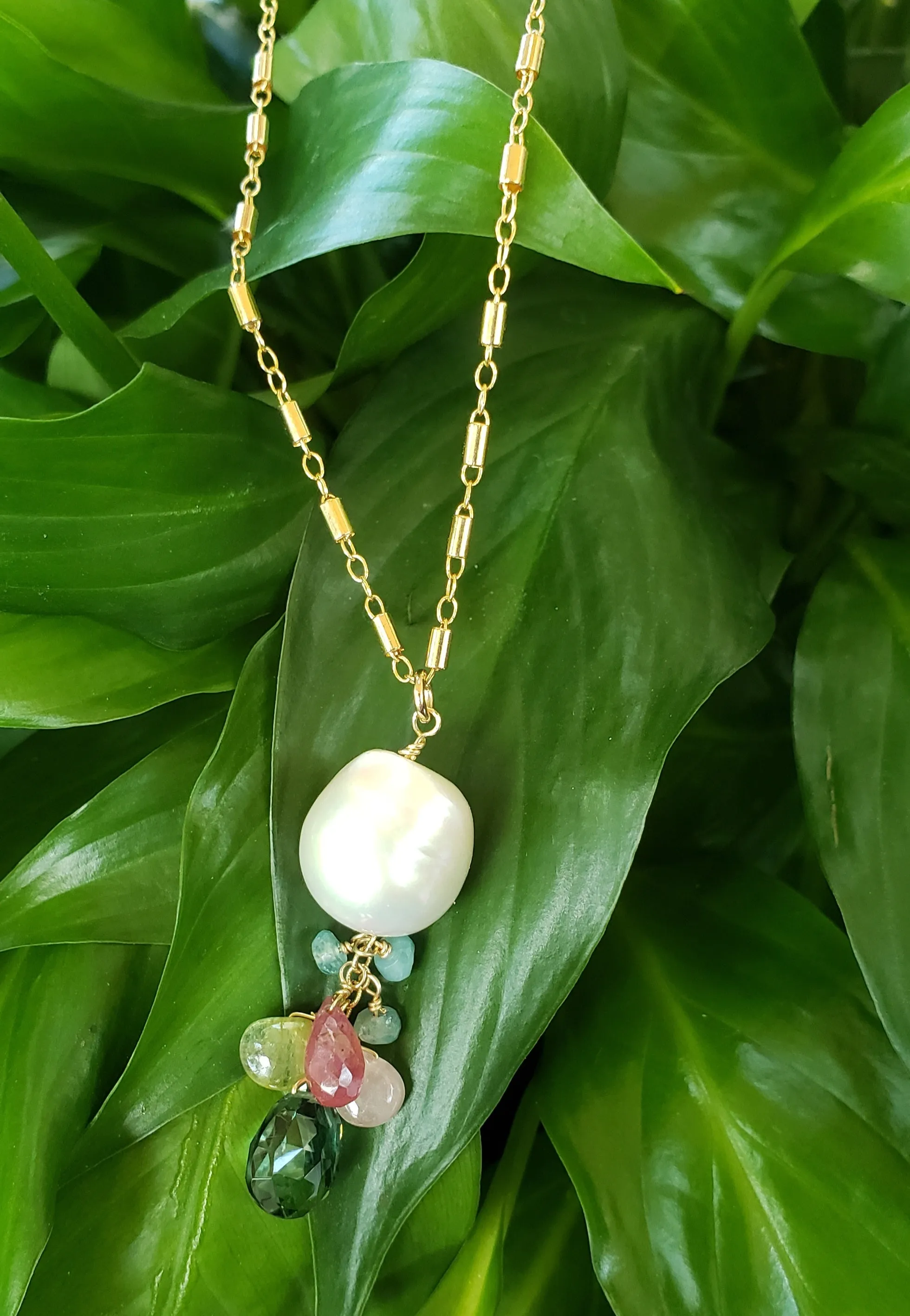 AVF Pearl, Sapphire, Tourmaline, Green Quartz & Grandidierite Cluster Chain Necklace (SI3700)