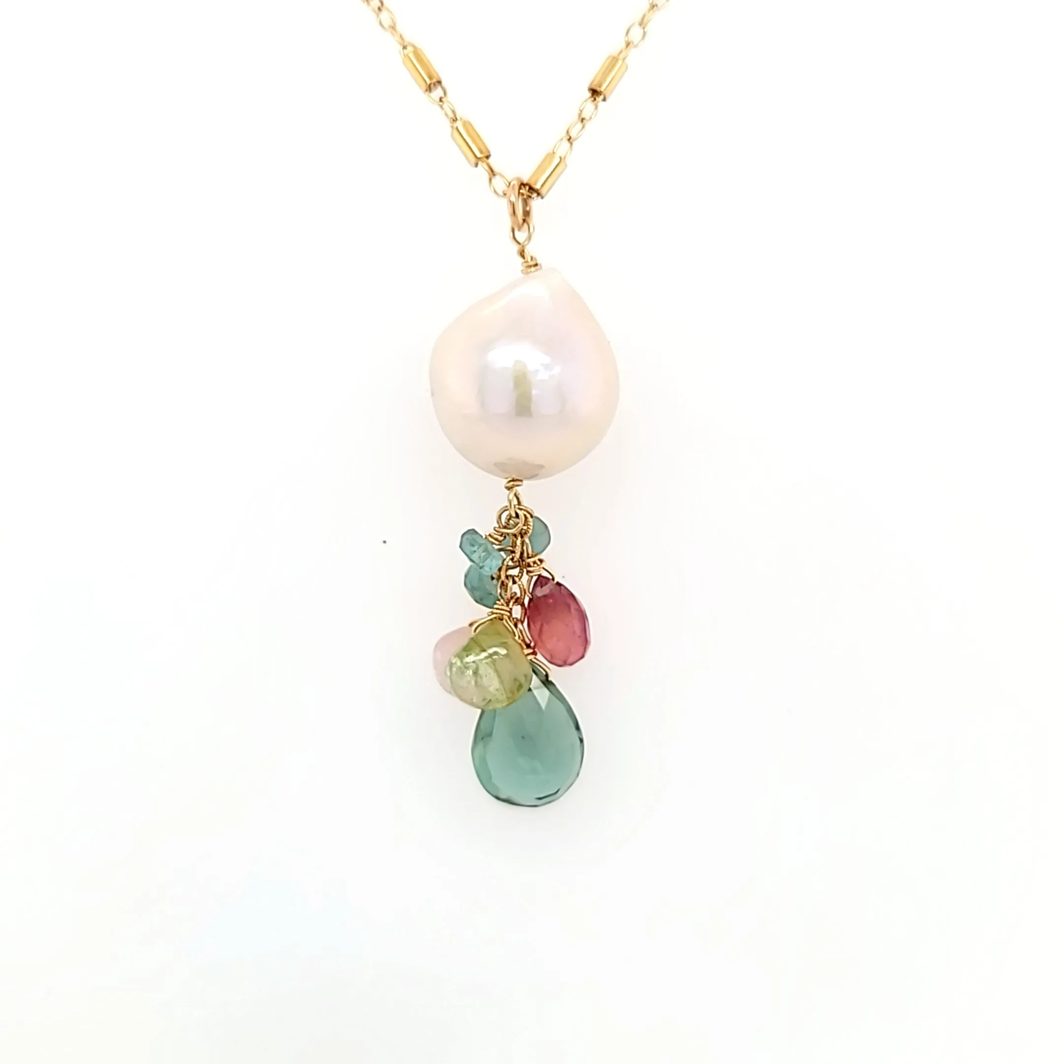 AVF Pearl, Sapphire, Tourmaline, Green Quartz & Grandidierite Cluster Chain Necklace (SI3700)