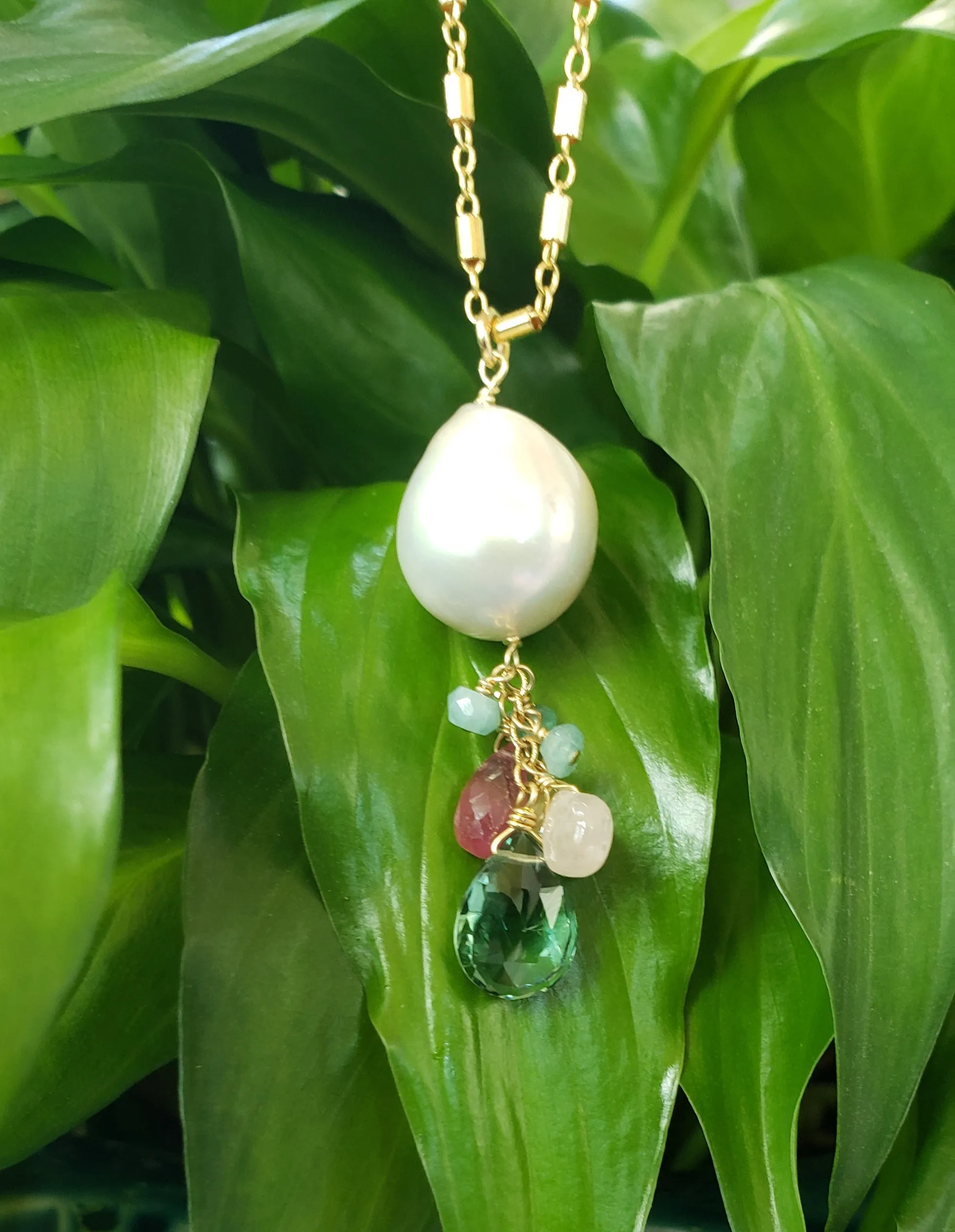 AVF Pearl, Sapphire, Tourmaline, Green Quartz & Grandidierite Cluster Chain Necklace (SI3700)